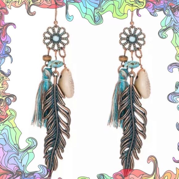 Flower Feather Boho Cowrie Shell Earrings (g3 - Picture 1 of 8